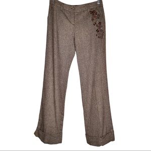 Anthropologie Elevenses Brown Silk Wool Embroidered Floral Accent Pants